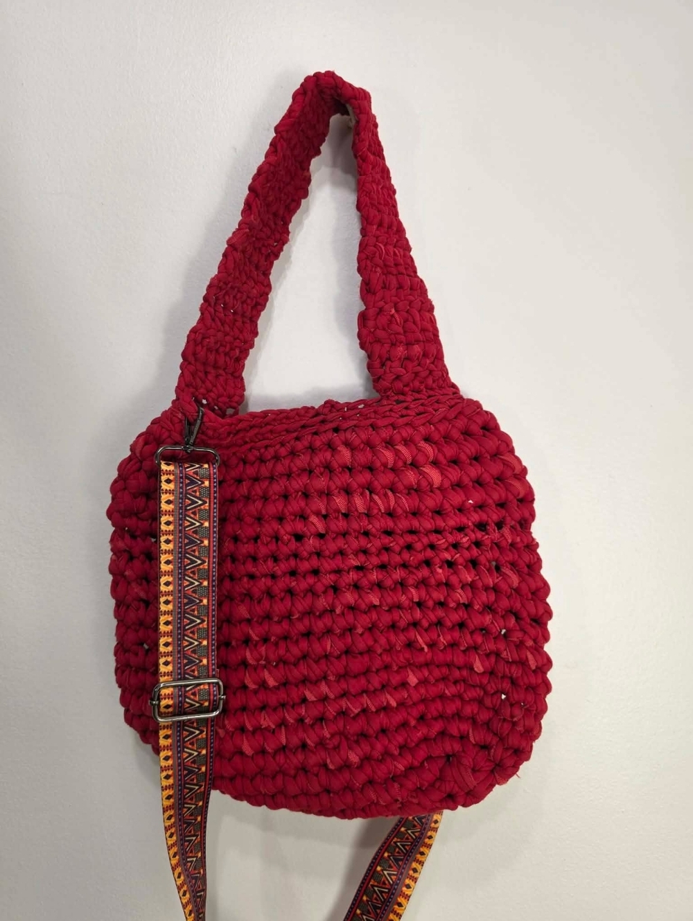 Handmade Red Crochet Shoulder Bag -Boho Knit Tote